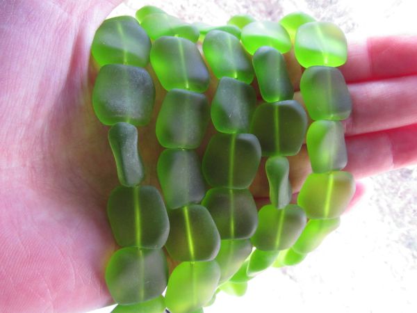 Cultured Sea Glass BEADS 18x17mm Square Nugget OLIVE GREEN frosted matte finish bead supply