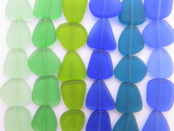 Cultured Sea Glass BEADS 24 - 22mm flat free form frosted assorted BLUE GREEN length drilled bead supply for making jewelry