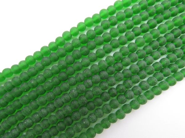Cultured Sea Glass BEADS 4mm round DARK GREEN frosted matte finish bead supply for making jewelry