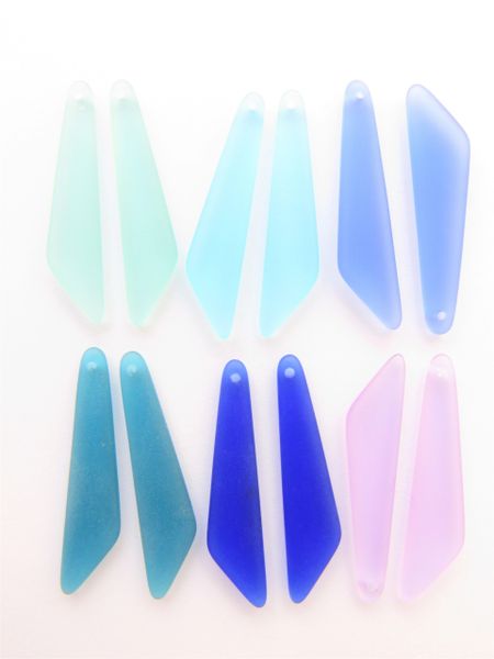 Cultured Sea Glass PENDANTS 40x9mm Elongated Fancy Triangle Assorted 6 Pair BLUE top drilled bead supply for making jewelry