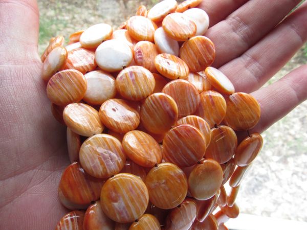 Orange Spiny Oyster SHELL 15mm Coin BEADS hand polished length drilled Genuine Sea of Cortez bead supply for making jewelry