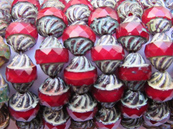 Czech GLASS BEADS Spiral Central Cut 12x10mm Red Opaline Picasso Firepolished