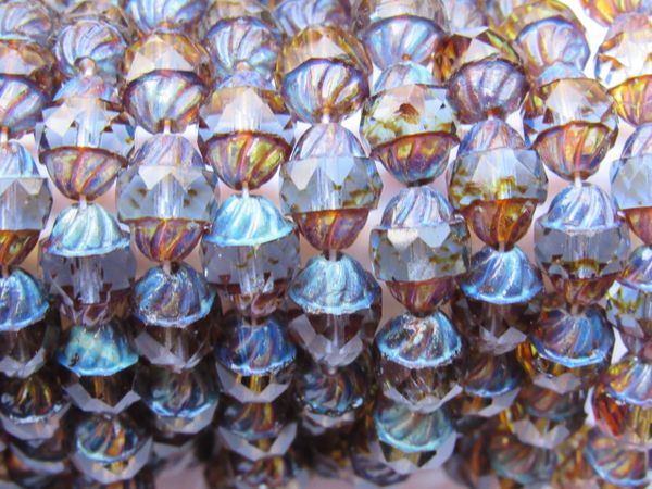 Czech GLASS BEADS Spiral Central Cut 10x8mm Sapphire Blue Transparent Picasso 15 pc Firepolished