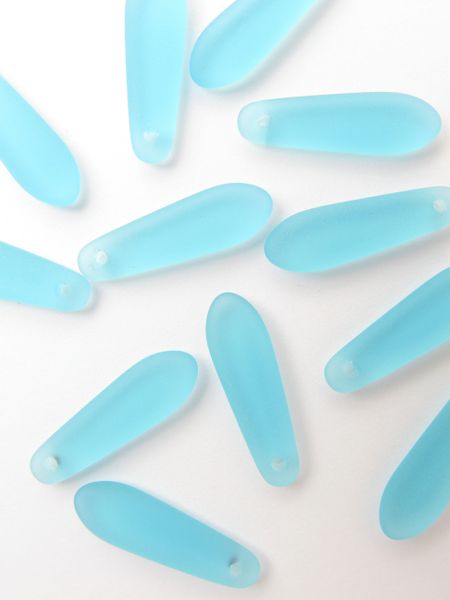 Cultured Sea Glass PENDANTS 22x6mm baby teardrop Light AQUA BLUE frosted matte drilled bead supply for making jewelry