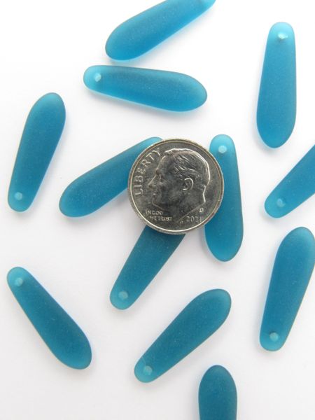 Cultured Sea Glass PENDANTS 22x6mm baby teardrop Teal Marine BLUE frosted matte drilled bead supply for making jewelry