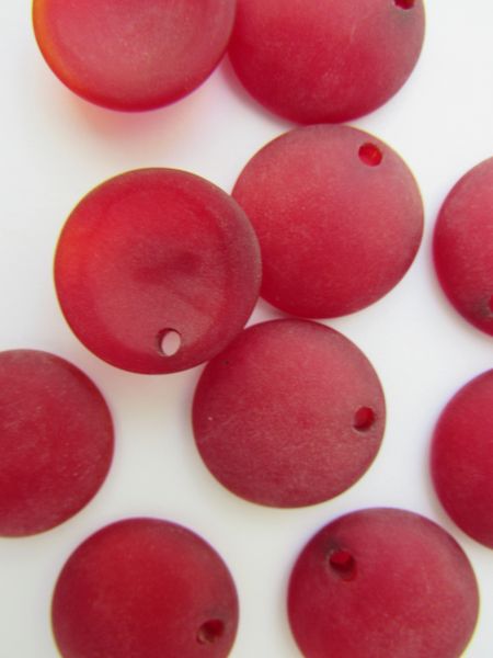 Cultured Sea Glass PENDANTS 25mm Concave Coin RED matte finish frosted top drilled bead supply for making jewelry