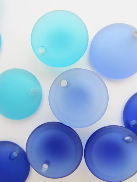Cultured Sea Glass PENDANTS 25mm Concave Coin BLUES round top drilled pairs bead supplies for making jewelry