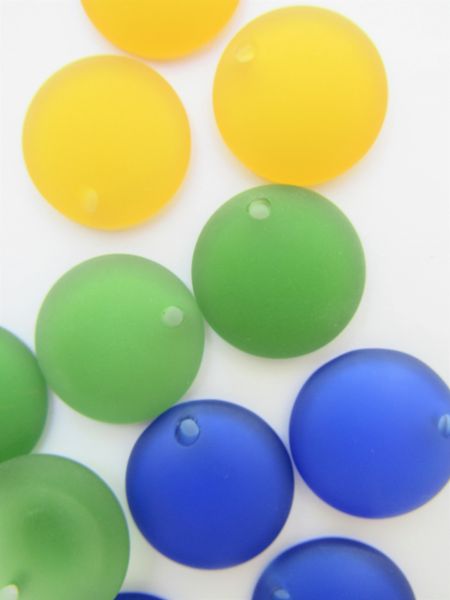 Yellow Green Blue Cultured Sea Glass PENDANTS 25mm Concave Coin Assorted round drilled pairs bead supply