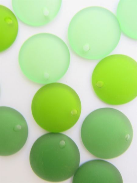 Cultured Sea Glass PENDANTS 25mm Concave Coin Assorted GREEN top drilled pairs frosted beads jewelry making supply