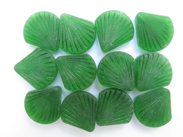 Cultured Sea Glass BEADS 21x19mm flat Shell Shamrock DARK GREEN length drilled bead supply for making jewelry