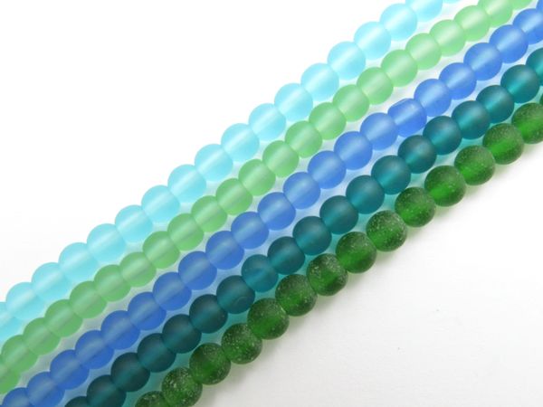Cultured Sea Glass 4mm Round BEADS 5 strands ASSORTED BLUE GREE frosted matte finish frosted bead supply for making jewelry