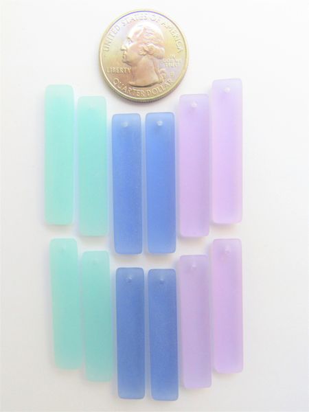 Cultured Sea Glass PENDANTS 38x8mm Elongated Rectangle ASSORTED COLORS pairs frosted bead supply making jewelry