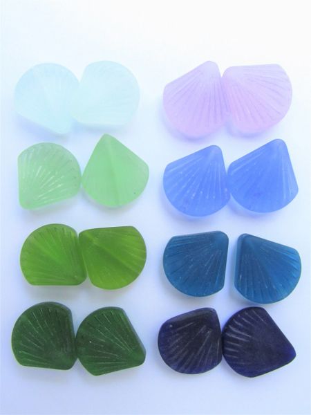 Cultured Sea Glass BEADS Small Shell Blue Green Purple Pairs 21x19mm 16 pc length Drilled flat shell bead supply for making jewelry