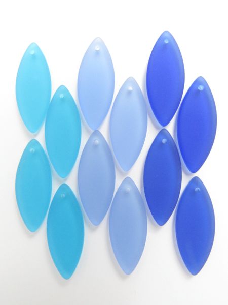 Cultured Sea Glass PENDANTS 33x13mm Marquise Spindle Assorted BLUES 12 pc Pinched Oval bead supply for making jewelry