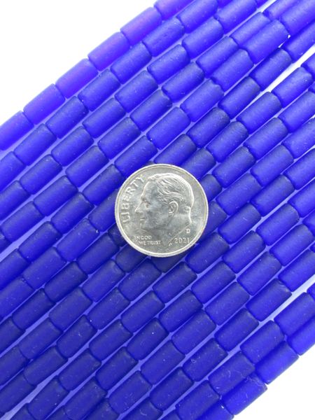 Cultured Sea Glass BEADS 9x4mm tube ROYAL BLUE frosted bead supply for making jewelry