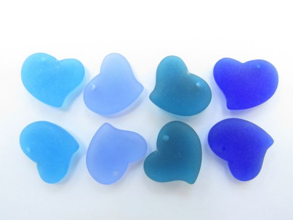 Cultured Sea Glass PENDANTS 18mm BLUE pairs puffed hearts assorted top drilled bead supply for making jewelry