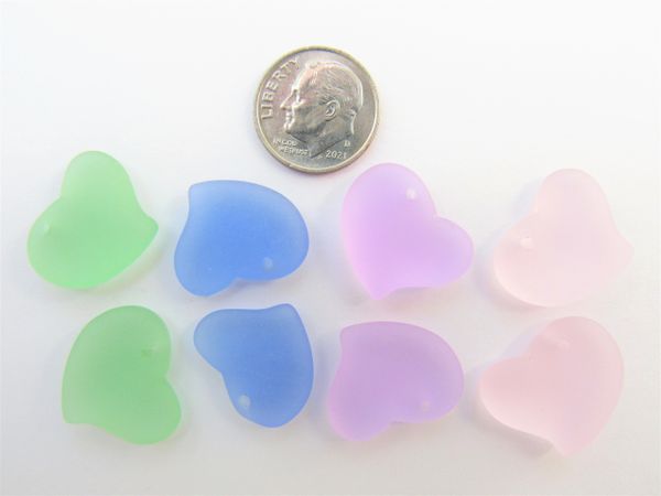 Cultured Sea Glass PENDANTS 18mm Assorted LIGHT COLORS pairs puffed hearts assorted top drilled bead supply for making jewelry