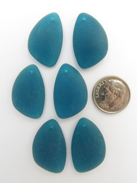 Cultured Sea GLASS PENDANTS 25x17mm TEAL BLUE frosted flat back drilled bead supply for making jewelry