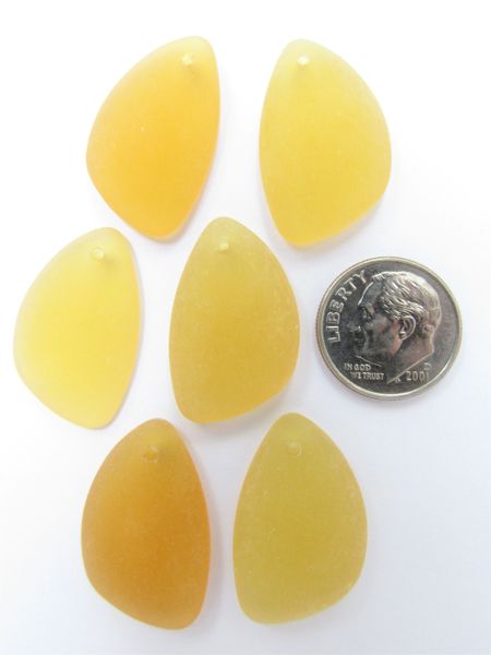 Cultured Sea GLASS PENDANTS 25x17mm Golden YELLOW frosted flat back drilled bead supply Great for making earrings