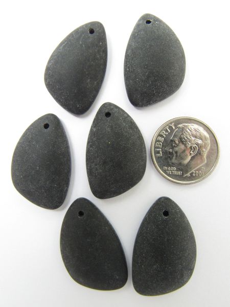 Cultured Sea GLASS PENDANTS 25x17mm Opaque BLACK frosted flat back drilled bead supply Great for making earrings