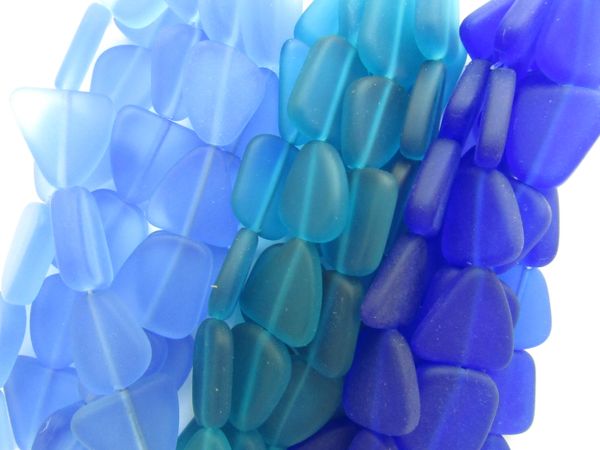 Bulk Cultured Sea Glass BEADS 15mm DARK BLUE Flat Free form Assorted Hanks Drilled matte finish bead supply