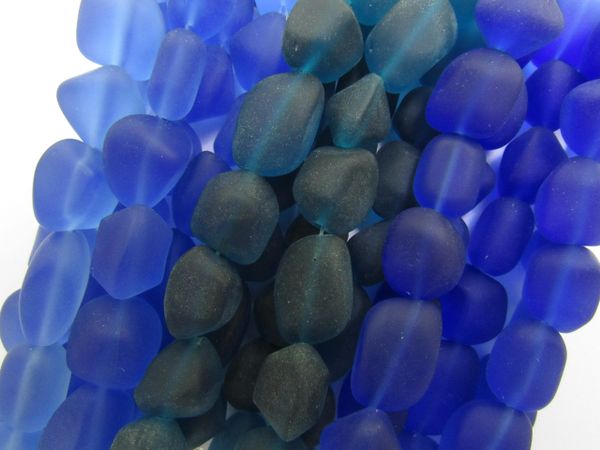 Cultured Sea Glass BEADS 13 - 15mm Nugget DARK BLUE Hanks drilled matte frosted free form bulk bead supply for making jewelry
