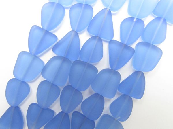 Cultured Sea Glass BEADS 13 -15mm flat free form LIGHT Sapphire BLUE frosted matte finish bead supply for making jewelry