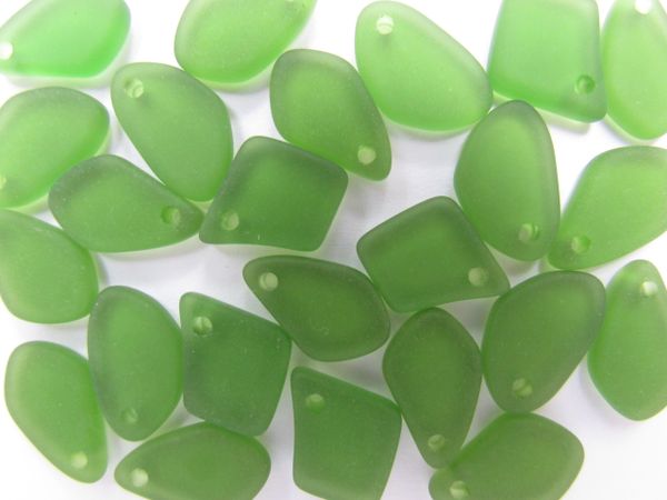 Dark Green Cultured Sea Glass PENDANTS 15mm Top Drilled Flat Free form frosted beads for making jewelry