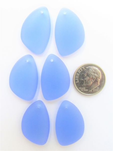 Cultured Sea GLASS PENDANTS 25x17mm Light Sapphire BLUE frosted flat back drilled bead supply Great for making earrings