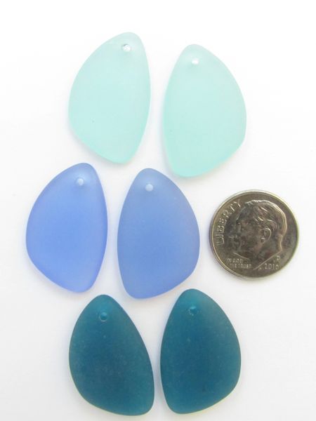 Cultured SEA GLASS PENDANTS 25x17mm 3 pairs BLUES Seafoam flat back top drilled bead supply Great for making earrings