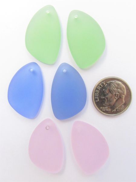 Cultured SEA GLASS PENDANTS 25x17mm 3 pair Pink Blue flat back top drilled bead supply for making jewelry