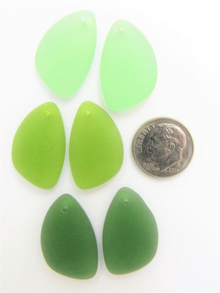 Cultured SEA GLASS PENDANTS 25x17mm Asst GREEN pairs frosted flat back top drilled bead supply Great for making earrings