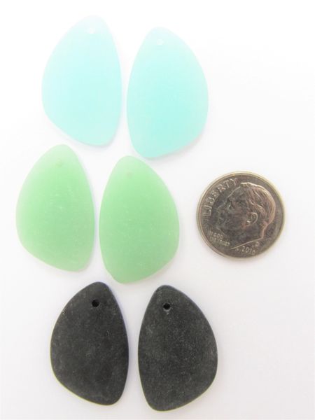 Cultured SEA GLASS PENDANTS 25x17mm Asst OPAQUE pairs frosted flat back top drilled bead supply Great for making earrings