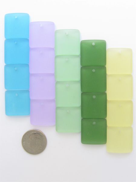 20 pc Cultured Sea Glass PENDANTS 19mm Square ASSORTED top Drilled 19mm bead supply for making jewelry