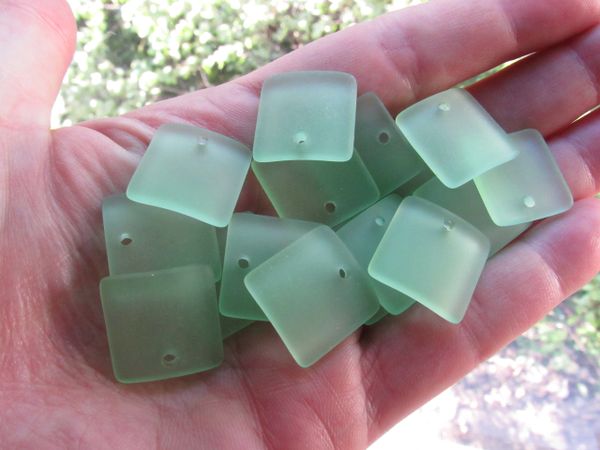 Cultured Sea Glass PENDANTS 19mm Square LIGHT GREEN 2mm hole bead supply for making jewelry