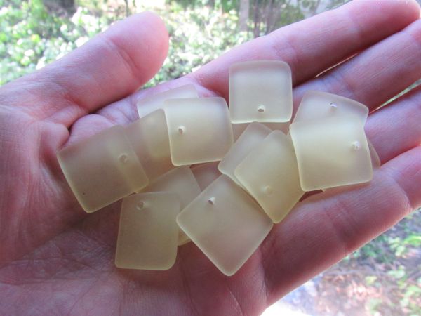 Cultured Sea Glass PENDANTS 19mm Square Lemon YELLOW 2mm hole bead supply for making jewelry