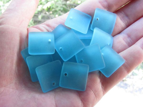 Cultured Sea Glass PENDANTS 19mm Square Pacific AQUA BLUE 2mm hole bead supply for making jewelry