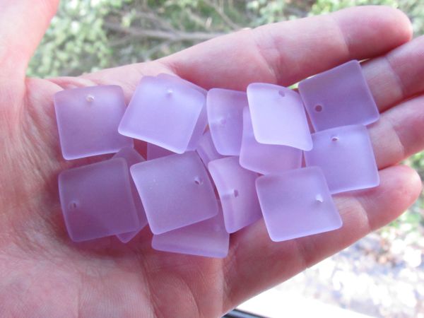 Cultured Sea Glass PENDANTS 19mm Square Periwinkle LIGHT PURPLE 2mm hole bead supply for making jewelry