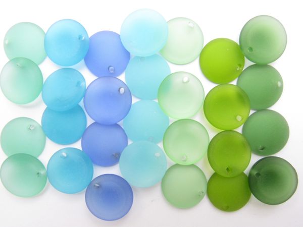Cultured Sea Glass PENDANTS 25mm Coin BLUE GREEN 28 pc Round Concave Top Drilled frosted bead supply for making jewelry