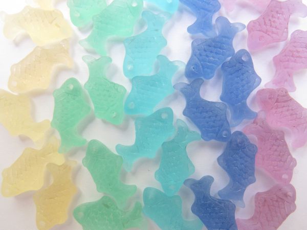 Cultured Frosted Sea Glass FISH PENDANTS Assorted colors 24x12mm top drilled bead supply for making jewelry