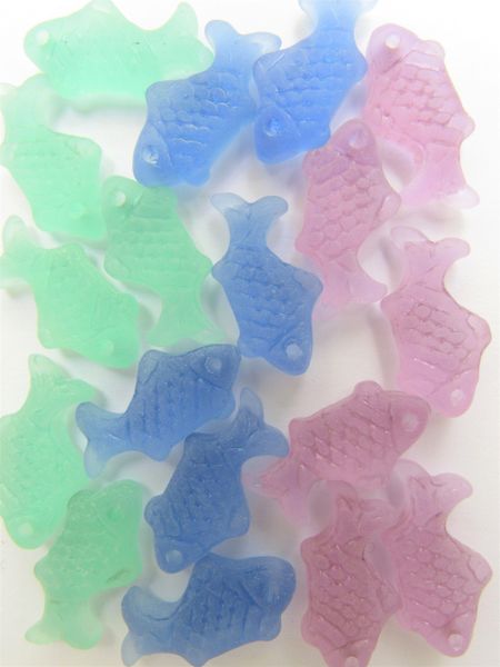 Cultured Frosted Sea Glass FISH PENDANTS 24x12mm ASSORTED 3 colors top drilled bead supply for making jewelry