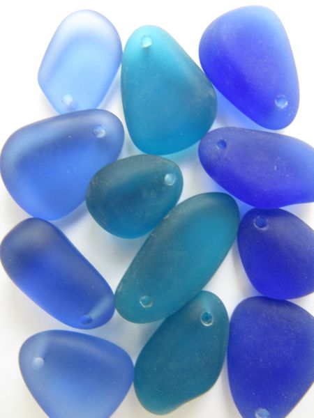 Cultured Sea Glass PEBBLE PENDANTS 36-22mm ASSORTED Dark BLUE top drilled free form frosted large hole bead supply foe making jewelry