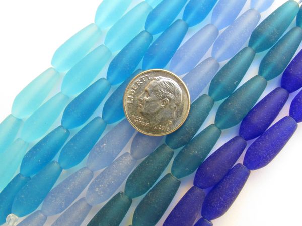 Frosted Cultured Sea Glass BEADS 18x6mm Teardrop BLUE 10 strands bead supply for making jewelry