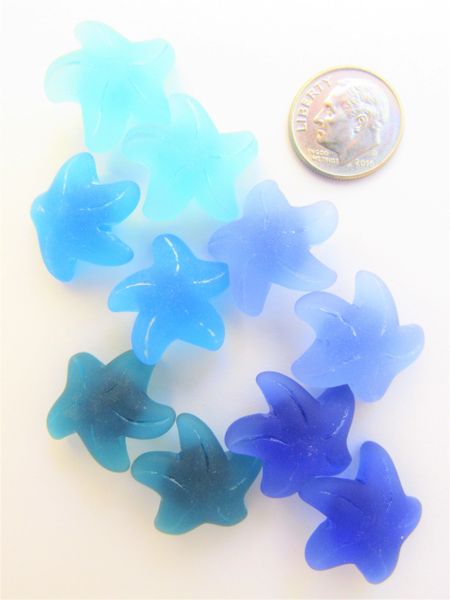 Frosted Glass STARFISH PENDANTS 20x7mm BLUES assorted 10 pc pairs drilled button bead supply