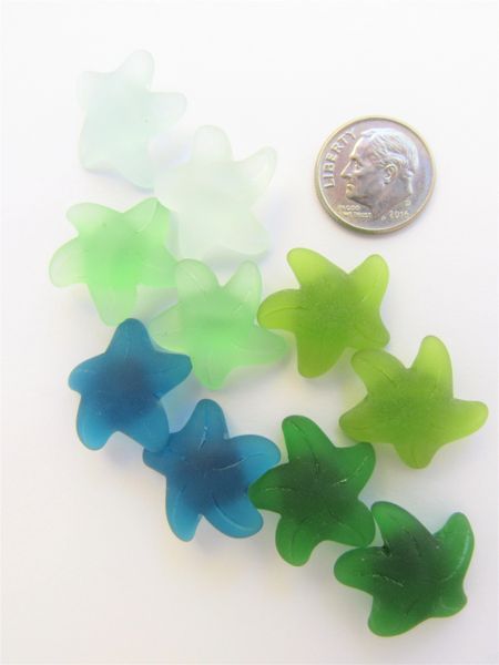 Frosted Glass STARFISH PENDANTS 20x7mm GREENS assorted 10 pc pairs drilled button bead supply
