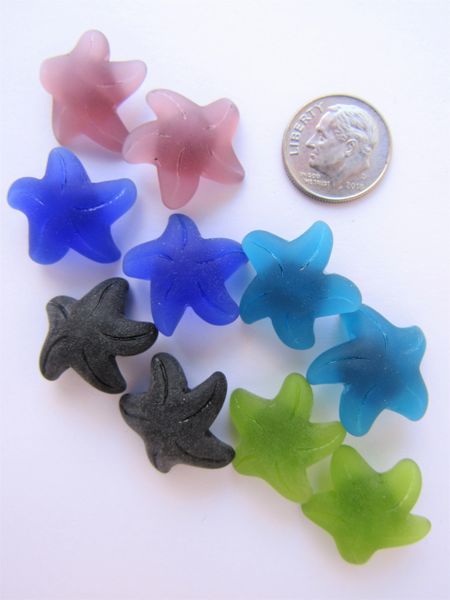 Cultured Sea Glass STARFISH PENDANTS 20x7mm ASSORTED dark colors 10 pc pairs matte finish button back bead supply