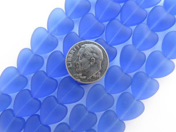 Cultured Sea Glass HEART BEADS 11x12mm Light Sapphire puffed hearts frosted length drilled matte finish bead supply making jewelry