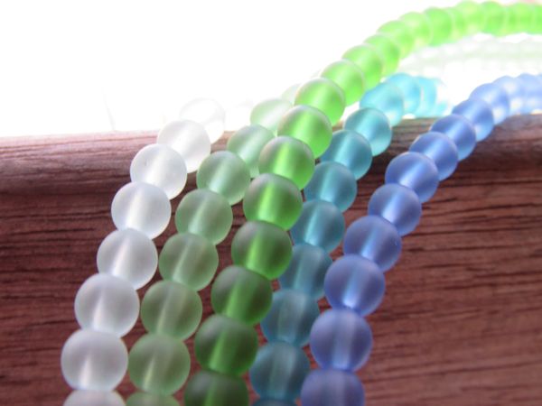 Cultured Sea Glass BEADS 6mm Round BLUE GREEN assorted strands frosted matte finish bead supply jewelry