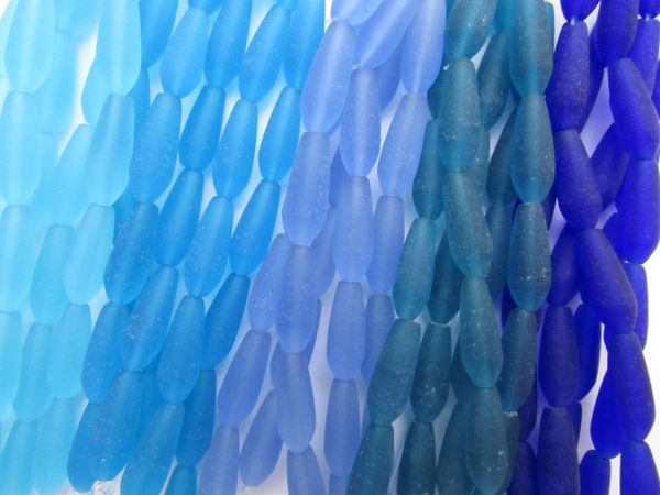 Frosted Cultured Sea Glass BEADS 18x6mm Teardrop BLUE 10 strands bead supply for making jewelry