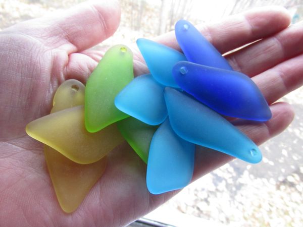 Cultured Sea Glass PENDANTS 48x22mm 10 pc Large SHARD assorted YELLOW GREEN BLUE drilled frosted pendant bead supply